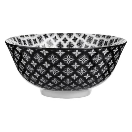 Bol din Portelan Negru Alb cu Model Flori 800ml