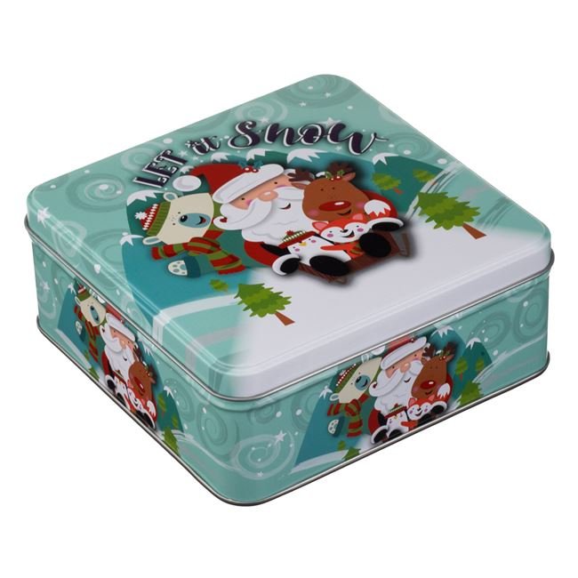 Cutie Decorativa Metalica Patrata Verde cu Model Mos Craciun pentru Alimente 15.5x15.5x6cm