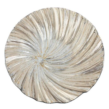 Platou Decorativ de Craciun Rotund din Sticla Argintie Bej Glitter Ø32.5cm