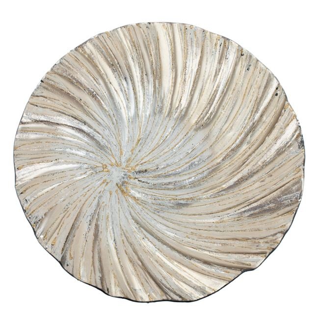 Platou Decorativ de Craciun Rotund din Sticla Argintie Bej Glitter Ø32.5cm
