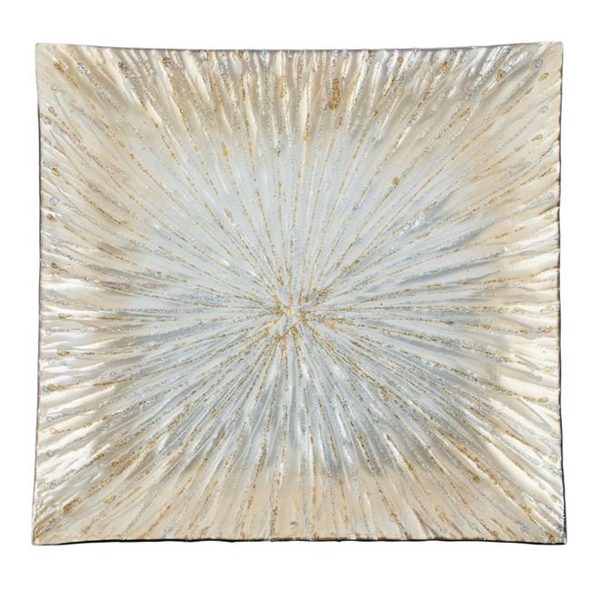 Platou Decorativ de Craciun din Sticla Patrat Argintiu Bej cu Glitter 33x33cm