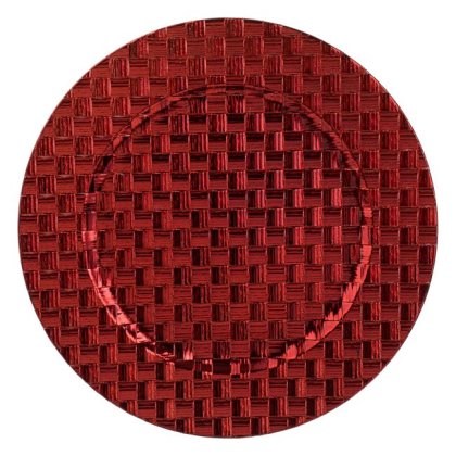 Platou Decorativ de Craciun Rotund din Plastic Rosu cu Model Impletit Ø33cm