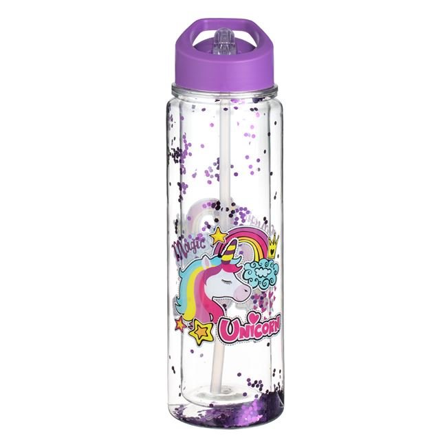 Sticla Apa Flip Top cu Perete Dublu Transparent Capac Mov Unicorn Magic Glitter 500ml