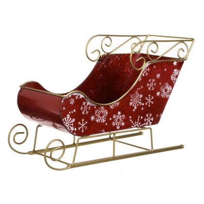 Cos Metalic Rosu cu Detalii Aurii Fulgi Albi in Forma de Sanie de Craciun 35x13.5x22cm