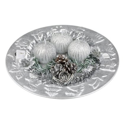 Platou Decorativ de Craciun cu 3 Lumanari Conuri Argintii & LED 24cm