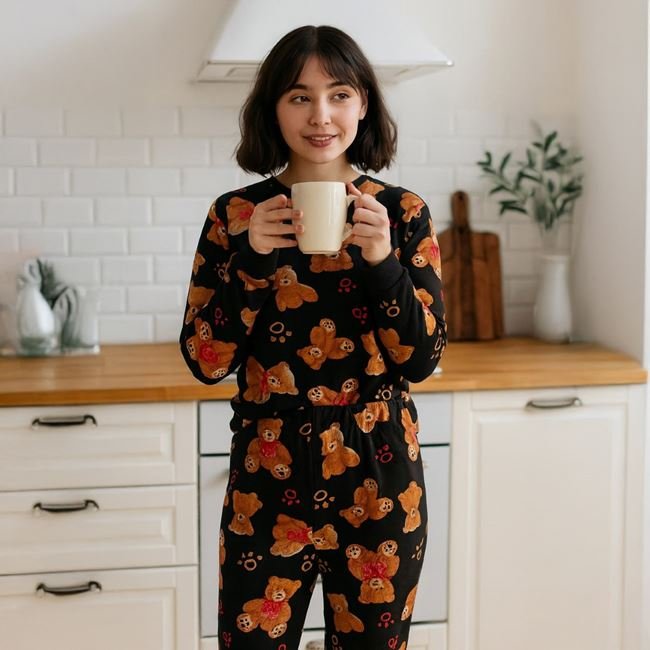 Set Pijama de Iarna Catifelata Neagra cu Ursuleti Maro & Fundita Rosie in Carouri pentru Femei