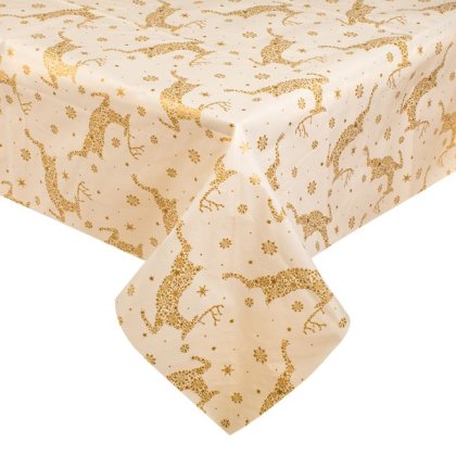 Fata de Masa Decorativa Plastifiata Ecru cu Reni Fulgi de Craciun 180x140cm