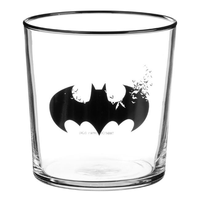 Pahar Scurt din Sticla cu Model Batman & Margine Neagra 380ml