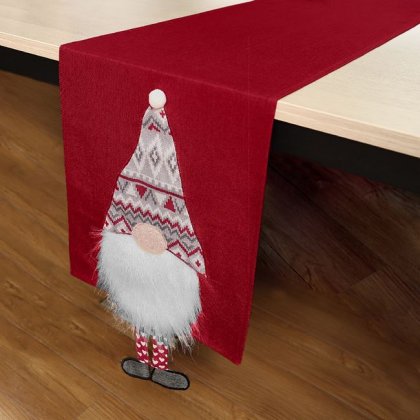 Runner Decorativ de Craciun Rosu cu Gnome 3D Jaquard Pompon 160x35cm
