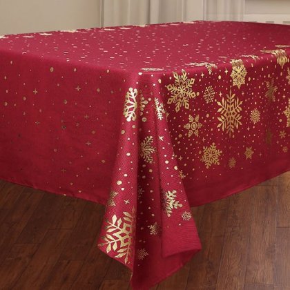Fata de Masa Decorativa de Craciun Rosie cu Fulgi Aurii 240x140cm