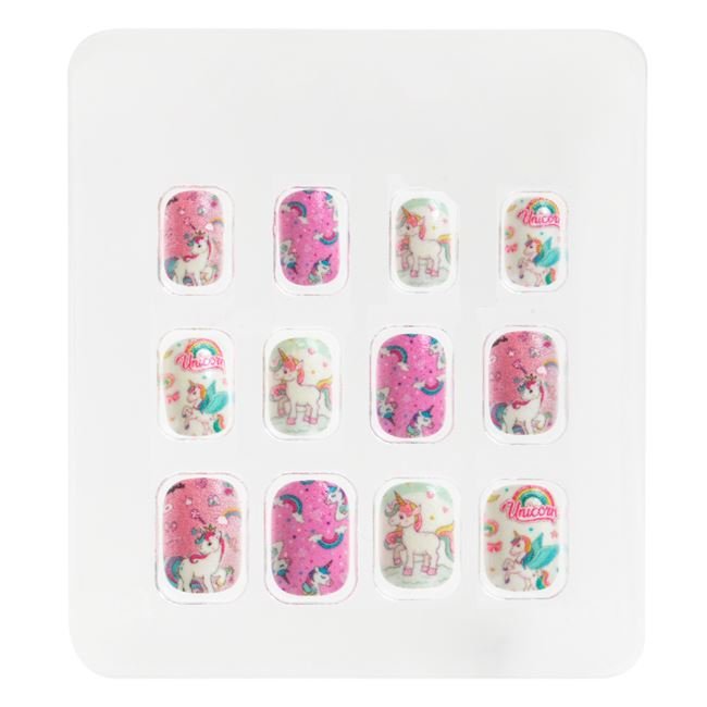 Unghii False Adezive Roz Albe Glitter Unicorn pentru Copii - 12buc