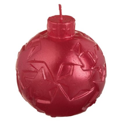Lumanare Glob de Craciun Rosie Metalizata cu Stele Reliefate Ø7.5cm