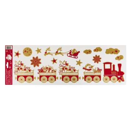 Autocolante Decorative de Craciun Tren cu Cadouri Rosii si Glitter Auriu 56x20cm