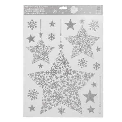 Autocolante Decorative de Craciun Stele Mari cu Glitter Argintiu 30x38cm