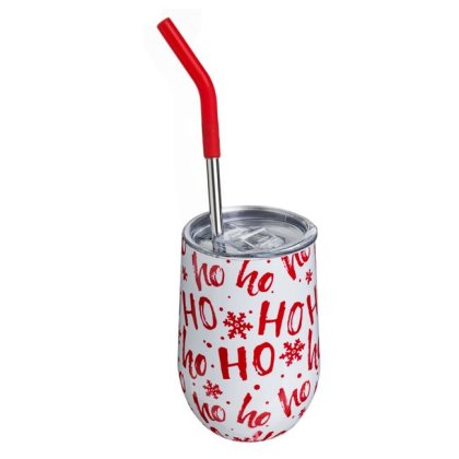 Pahar Izoterm Metalic Alb cu Imprimeu Alb Ho Ho Pai & Capac Transparent 350ml