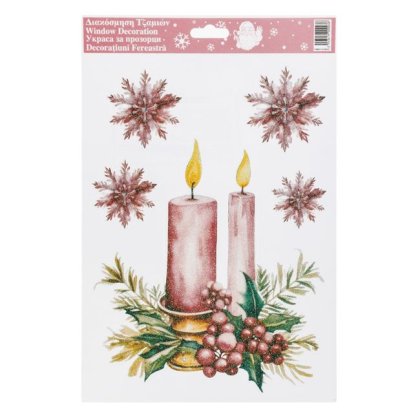 Autocolante Decorative de Craciun Lumanari & Fulgi cu Glitter Roz 20x27cm