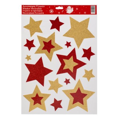 Autocolante Decorative de Craciun Stele Rosii Glitter Auriu 30x38cm