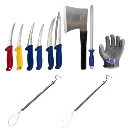Set 11 unelte profesionale macelarie, VICTINY®, cu 4 cutite dezosat, satar, masat, manusa antitaiere, otel