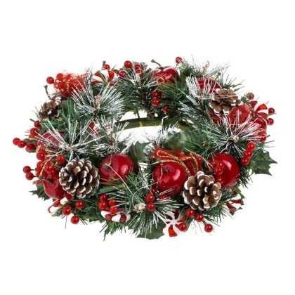 Inel Decorativ pentru Lumanare de Craciun cu Ramuri Mere Candy Lumina LED Ø15cm