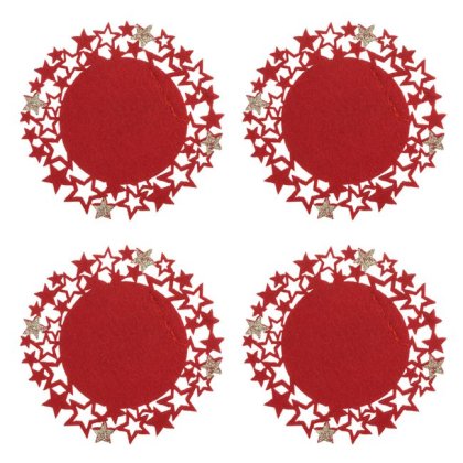 Set Suporturi Pahare din Feltru Rosu Stele cu Glitter Bej Ø12cm - 4buc