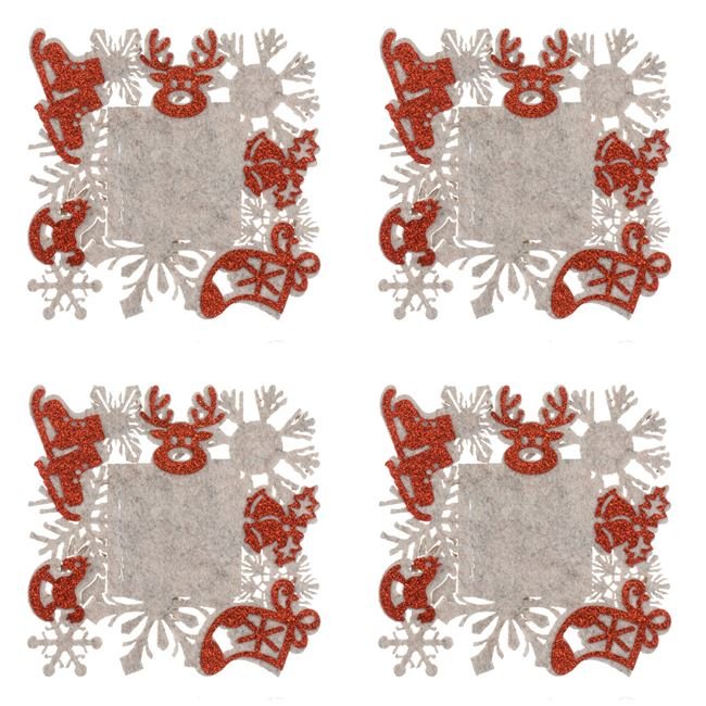 Set Suporturi Pahare de Craciun din Fetru Bej Gri Fulgi Figurine Glitter Rosu 12x12cm - 4buc