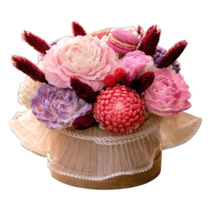 Buchet floral Victiny, flori de ceara naturala 100% soia parfumata, plante uscate, cos alb, model 006