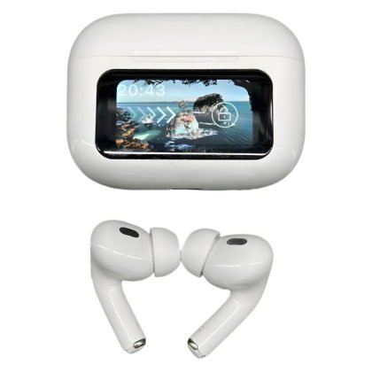 Casti intraauriculare Bluetooth cu afisaj (alb), Calitate sunet HD, Comenzi tactile inteligente, Indicator LED pentru baterie, Carcasa de incarcare portabila