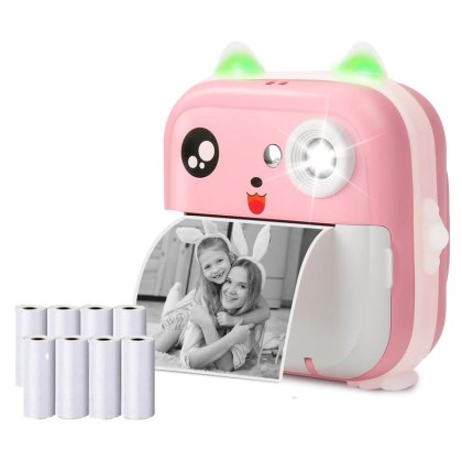 Aparat foto copii cu functie de printare Rezolutie 24Mpx, Display LCD Color 2.4", 8 role hartie incluse, Handloteka, Roz