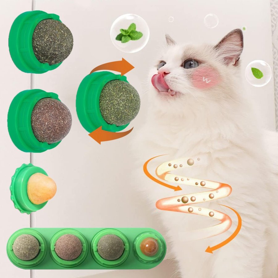 Jucarie interactiva pentru pisici, Puepoul, 4 Sfera din Iarba matei catnip, Extract plante, Comestibila, Spate Adeziv, Autoadeziva, 20x5cm, Verde
