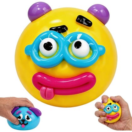 Minge squishy galbena rotunda cu ochelari albastri si fata amuzanta, 8x8cm