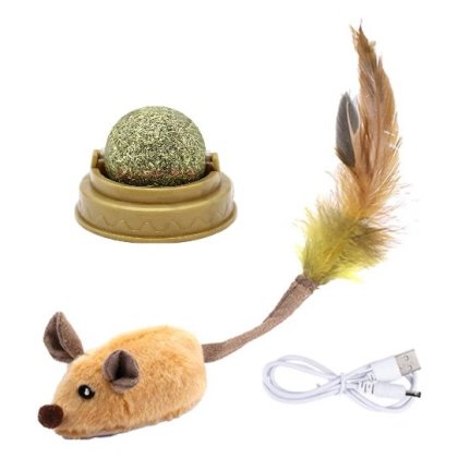 Set 2 Jucarii interactive pentru pisici, VICTINY® Sfera din Iarba matei catnip si mouse cu LED, sunete realiste, dimensiuni 12x6.5x4.5cm, multicolor