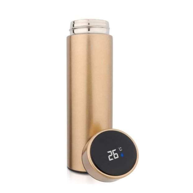 Termos smart VICTINY® auriu cu indicator de temperatura, din otel inoxidabil, 500 ml, ecran tactil, sita infuzor, perete dublu, capac antiscurgere