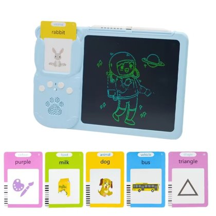 Jucarie educativa Montessori pentru copii 2 in 1, masina de invatare cuvinte in limba engleza cu cititor de carduri flash, 224 de cuvinte, 112 carduri si tableta LCD pentru desenat, incarcare MicroUSB, 3 ani+, Albastru