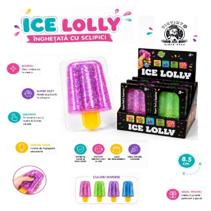 SQUEEZE 2026 VICTINY® jucarie Squishy Inghetata pe bat cu GLITTER, 8, 5 cm, jucarie interactiva pentru copii si adulti, antistres