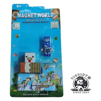 Blocuri de constructii magnetice Joc World Mine Craft 1 figurine si 3 cuburi magnetice albastru