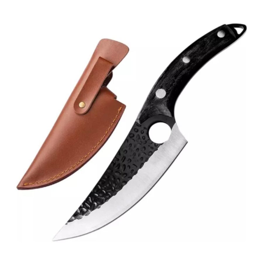 Cutit Japonez, Forjat Manual, Otel Inoxidabil, Full Tang 27,5 cm, Maner Lemn Negru, Husa Piele Ecologica CT002
