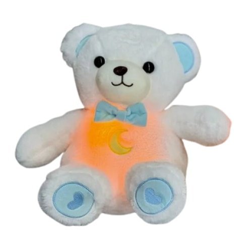 Ursulet de Plus Interactiv VICTINY® cu Efecte Luminoase si Muzicale, Functie de Imitare a Respiratiei, Pentru Copii, Jucarie bebelus Partener de Joaca cu Functie de Imbunatatire a Somnului 30 cm, alb