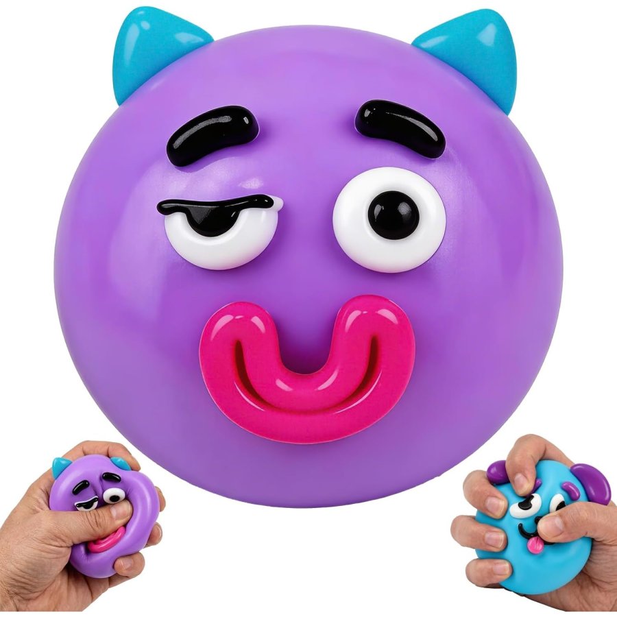 Jucarie antistres fidget squishy model pisica cu expresie schimbabila, urechi turcoaz, revenire lenta, silentioasa, mov/turcoaz, 1 buc