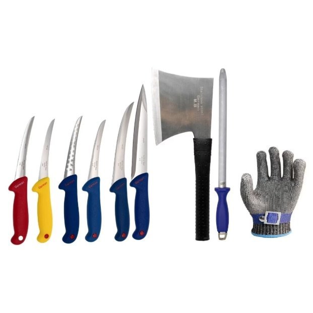 Set 9 unelte profesionale de măcelărie, VICTINY®, 4 cutite dezosat, satar, masat, albastru/roșu/galben/negru