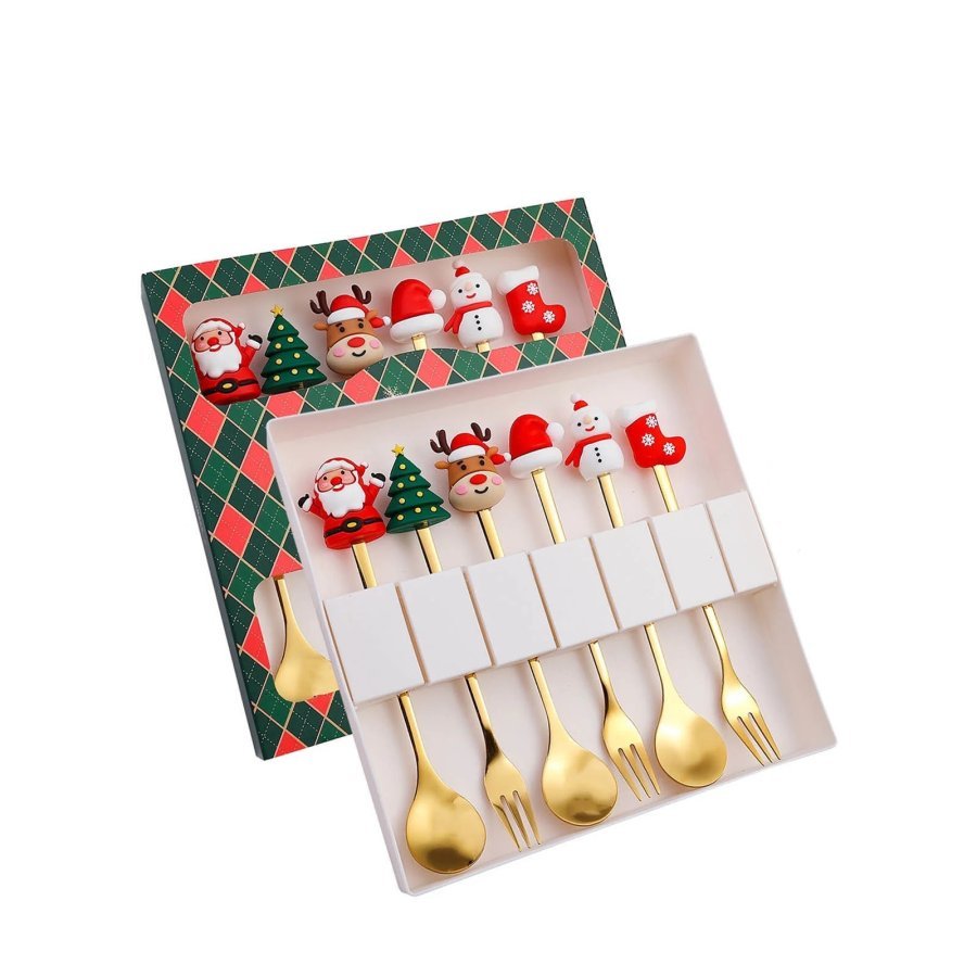 Set de lingura si furculita din otel inoxidabil pentru Craciun - Tacamuri festive cu modele dragute, cadou perfect pentru sarbatori (G)
