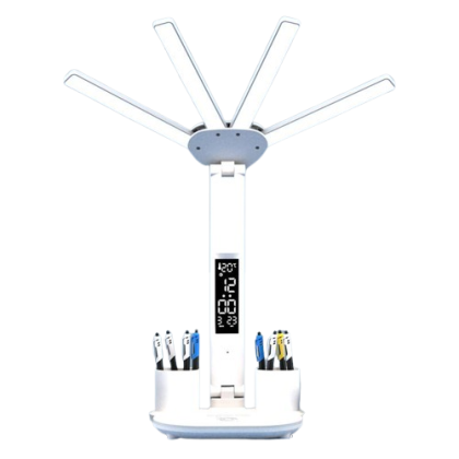 Lampa de birou LED, VICTINY®, 4 brate cu suport stilou, temperatura, ora, data, 3 moduri si 5 intensitati, pliabila, no flicker, protectie ochi, 3200 mAh, Incarcare USB, alb