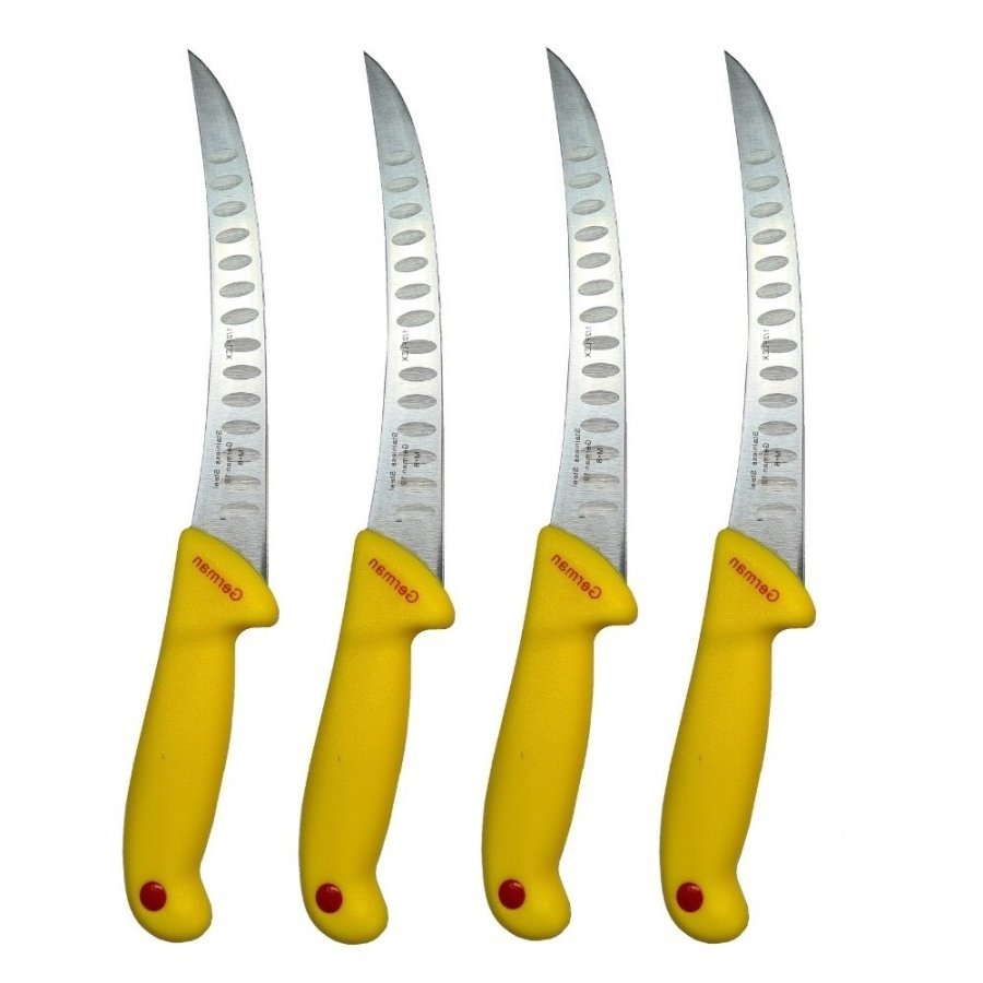 Set Profesional pentru macelarie format din 4 cutite filetat, lama curbata cu alveole, otel inoxidabil, Galben