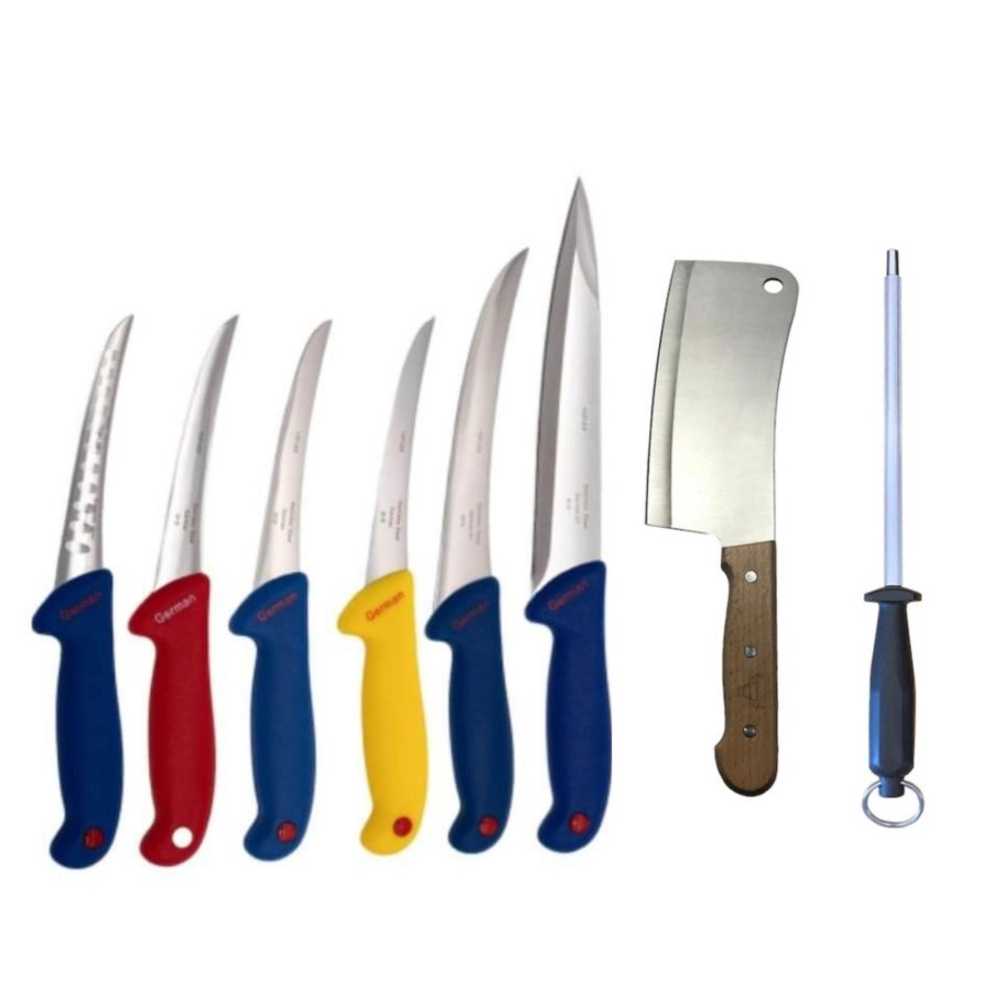 Set macelarie format din 8 piese, 6 cutite, 1 masat magnetic, 1 satar pentru spart oase, ct00450