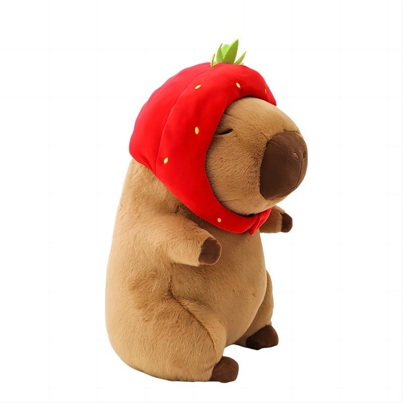 Jucarie de plus capibara cu palarie capsuna detasabila, maro, 25cm