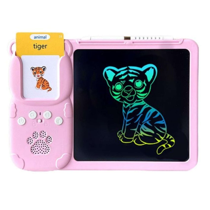 Tableta 2 in 1 pentru copii VICTINY® Tip urs koala interactiva si educationala, scris si desenat, 112 carduri cu 224 cuvinte in limba engleza si redare lor cu sunet, jucarie pentru invatare limba engleza, stilou pentru scris si desenat, Roz