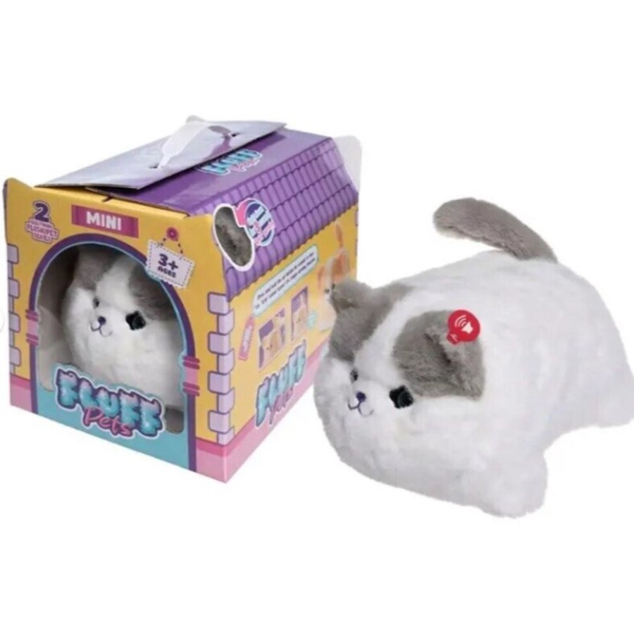 Animalut de plus interactiv Fluff Pets Mini VICTINY® model alb multicolor cu zambet, miscari faciale si sunete