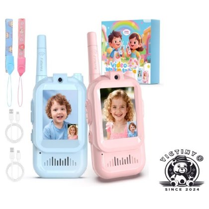 Set 2 statii Walkie Talkie Video VICTINY®, Camera HD, Albastru/Roz, pentru copii 3+ ani