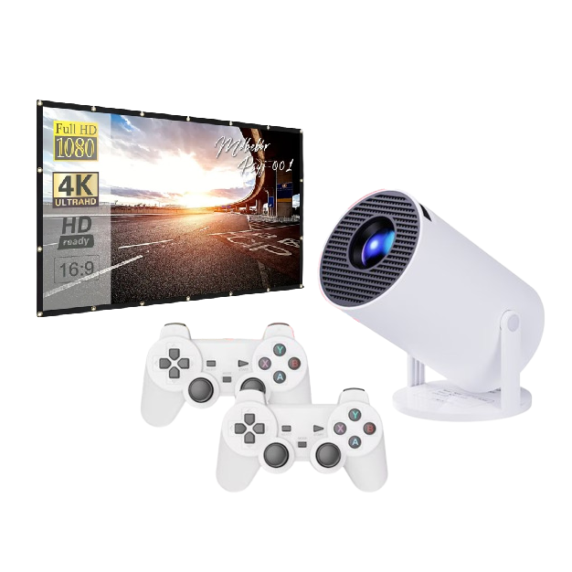 Videoproiector inteligent 4k cu consola gaming si panza de proiectie 210 x 125 VICTINY® Android TV 11.0, telecomanda, WiFi 6, Bluetooth 5.0, Ecran de proiectie 130 inch, Auto corectie imagine, Quad-core, 280 ANSI, Difuzor incorporat, HDMI, USB, Alb