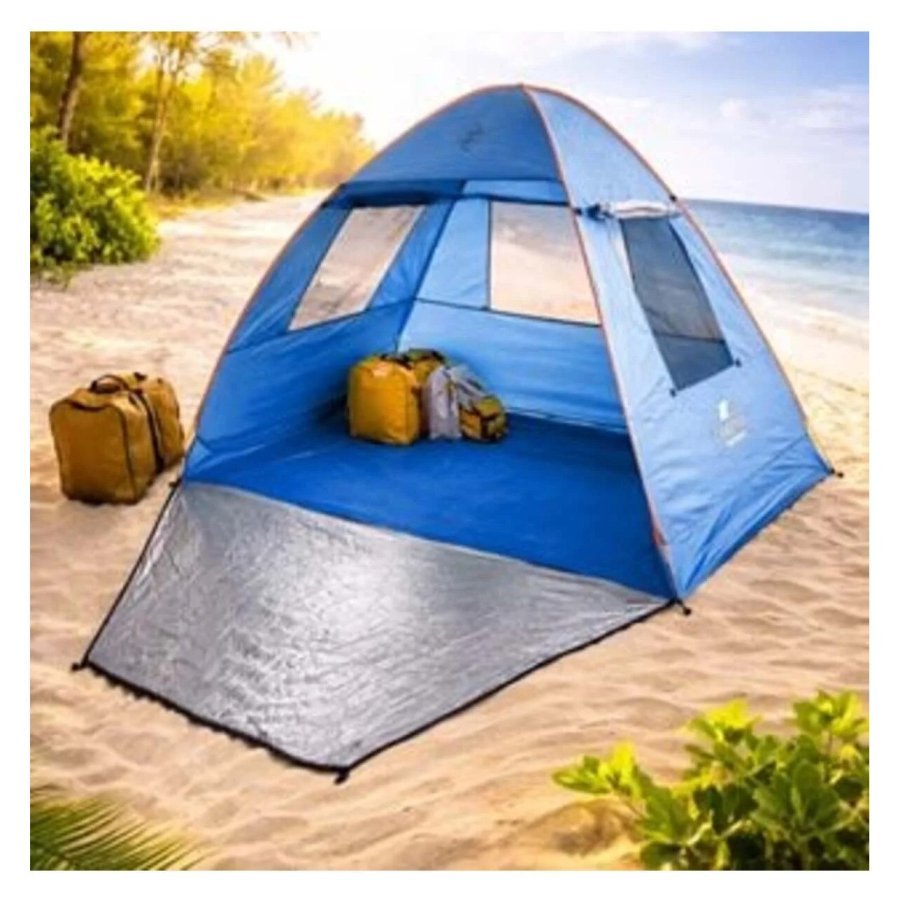 VICTINY® Cort de plaja albastru, tip pop-up, cu ferestre, 200 x 120 x 130 cm