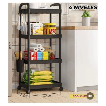 VICTINY® Etajera mobila cu roti 4 rafturi de depozitare negru 97x25, 5x34, 5
